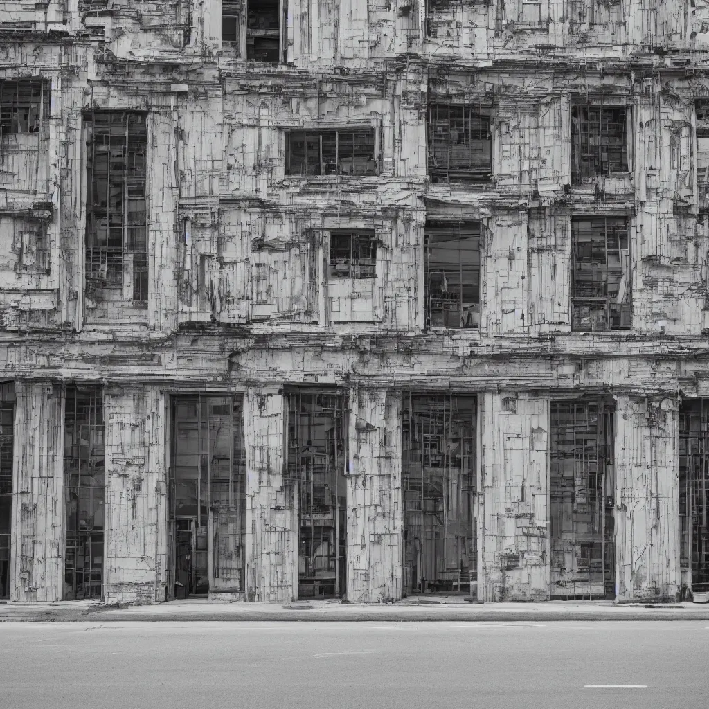 Prompt: a large building facade covered by lots of different makeshift doors, photographed by ansel adams, sony a 7 r 3, f 1 1, fully frontal view, ultra detailed,