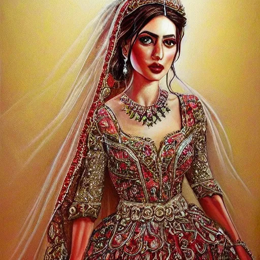 Image similar to full body portrait of a beautiful Kurdish bride wearing beautiful a beautiful wedding dress, very detailed eyes, hyperrealistic, beautiful, very detailed painting by Glenn Fabry, trending on artstation, extremely high detail, incredibly intricate