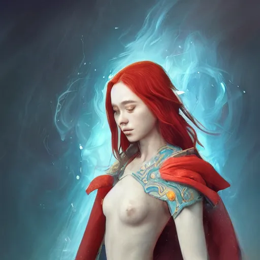 Prompt: red haired teen with a lute and cloak with many pockets with blue flames in background, dramatic, intricate, elegant, highly detailed, digital painting, artstation, concept art, smooth, sharp focus, illustration, octane render, art by Leesha Hannigan, Ross Tran, Thierry Doizon, Kai Carpenter, Ignacio Fernández Ríos