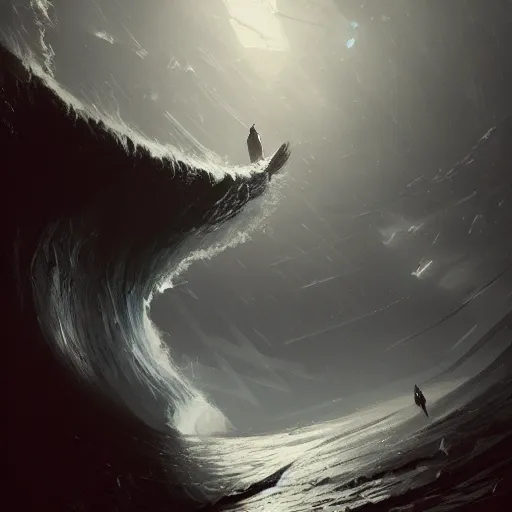 Image similar to concept art by greg rutkowski, a gigantic wave of a hundred thousand meters rising in an endless ocean without surface, dark lighting, uncanny and scary atmosphere, scifi, digital painting, artstation, concept art, smooth, sharp foccus ilustration, artstation hq