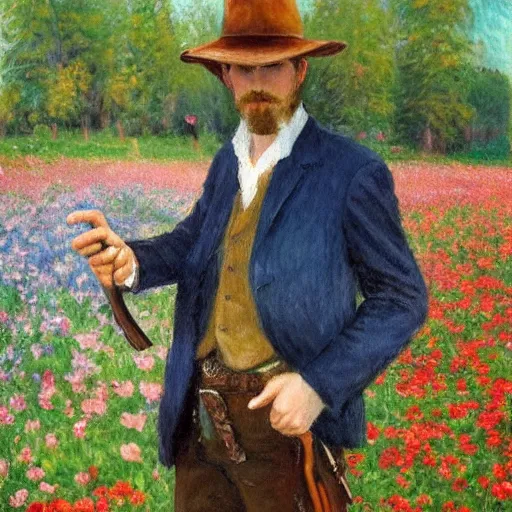 Prompt: an impressionist painting of a tall man with blue eyes and brown hair that is wearing a wide brim leather hat and a leather vest. He is holding a revolver in his left hand and a ((((red rose is in his right hand)))). He is standing in a field of roses. Blue sky in the background