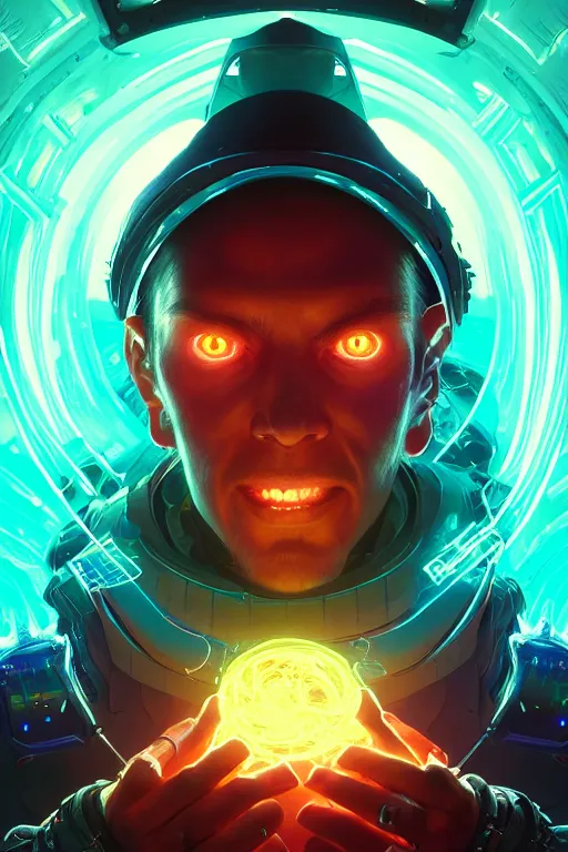 Image similar to epic portrait cyber-warlock surrounded by techy glowing glitch magic holograms, used scifi style, D&D, sketchy lines and brushstrokes, no blur, 4k resolution, ultra detailed, style of Greg Rutkowski, Zac Retz, Kawase Hasui, beeple, Eddie Mendoza, alphonse mucha,