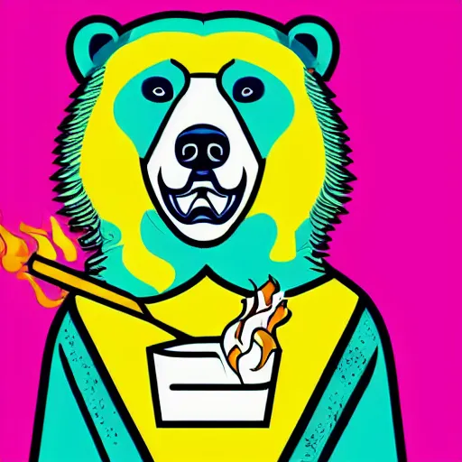 Image similar to pop art headshot of a grizzly bear holding a lit and smoking joint.