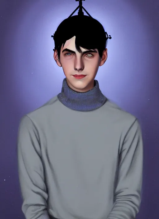 Image similar to portrait of teenage jughead jones wearing a light grey crown, crown, blue turtleneck, 1 9 5 0 s, closed eyes, photorealistic, black hair, glowing lighting, intricate, elegant, glowing lights, highly detailed, digital painting, artstation, concept art, smooth, sharp focus, illustration, art by wlop, mars ravelo and greg rutkowski