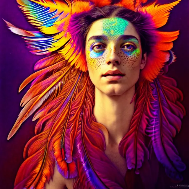 Image similar to face of young freckly psychedelic transcendent feather mind bending psychedelic wings of glossy liquid honey flowing like kaleidoscopic translucent holograph, lsd feathers, feathery fluff, enlightenment, high contrast dappled lighting, refracted sunset, highly detailed, concept art, art by collier, albert aublet, krenz cushart, artem demura, alphonse mucha