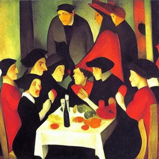 Image similar to by kathe kollwitz, by august macke awesome cardinal. a beautiful body art of a group of people gathered around a table in a tavern. they are all eating & drinking, & appear to be enjoying themselves.