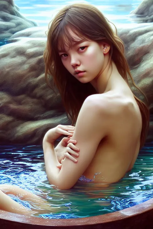 Image similar to beautiful half body digital painting of lalisa emerging from pool of water with high detail, face, 8 k, stunning detail, photo by artgerm, greg rutkowski and alphonse mucha, unreal engine 5, 4 k uhd