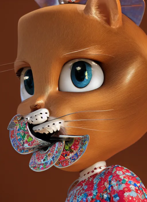 Image similar to closeup face profile portrait of a tin toy cat eating cakes, depth of field, zeiss lens, detailed, symmetrical, centered, fashion photoshoot, by nicoletta ceccoli, mark ryden, lostfish, breathtaking, 8 k resolution, extremely detailed, beautiful, establishing shot, artistic, hyperrealistic, octane render