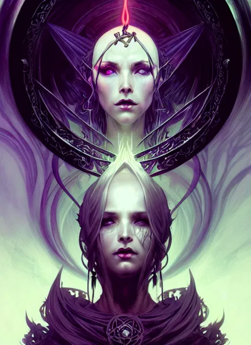 Image similar to Necromancer Sorceress goddess of death, fantasy pentagram magic, undercut hairstyle, dark light night, intricate, elegant, sharp focus, illustration, highly detailed, digital painting, concept art, matte, art by WLOP and Artgerm and Greg Rutkowski and Alphonse Mucha, masterpiece