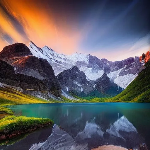 Image similar to amazing landscape photo of mountains with lake in sunset by marc adamus, beautiful dramatic lighting