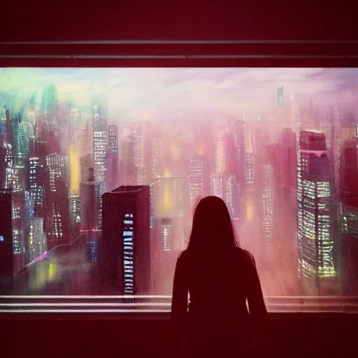 Prompt: “ a girl looking down at a futuristic new york city below, ghostpunk, neon lights, fog, storm clouds, rain, detailed face, oil painting, by edward hopper ”