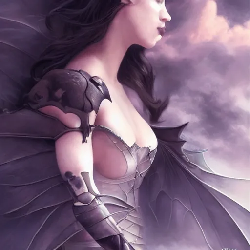 Prompt: figure flies through dark skies with bat wings for arms, fantasy, professionally retouched, soft lighting, powerful, realistic, face is obscured in shadow, wide angle, 8 k high definition, insanely detailed, intricate, elegant, art by artgerm and wlop