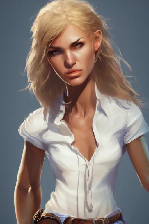 Image similar to full body, female cowgirl, perfect face, white blouse, holster, 8 k, magic the gathering, desert, d & d, artstation, high detail, smooth, sweaty character concepts by senior concept artist