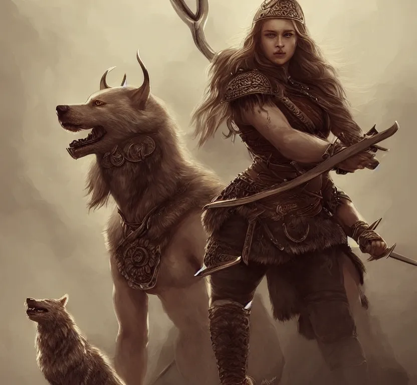 Prompt: a gorgeous!! woman resembling alicia vikander as a viking warrior accompanied by a dire wolf | drawn by wlop, drawn by jeehyung lee, drawn by argerm | intricate, highly detailed, ultra graphics, digital painting, artstation