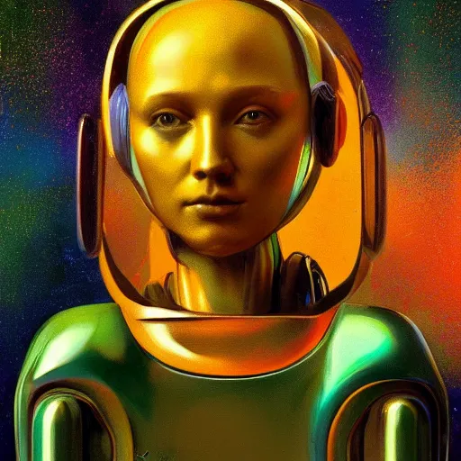 Image similar to artificial intelligence-powered robot, in a galactic setting future technology ultra-realistic in the colourful style of leonardo da vinci artstation hd oil painting and edward hooper, deviant artstation iridescent