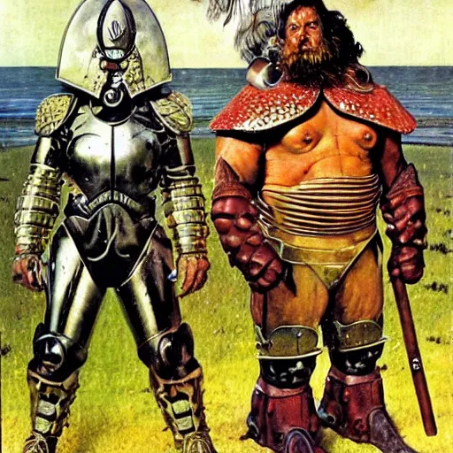 Image similar to giant haystacks in scifi warrior metal armour, by norman rockwell and boris vallejo