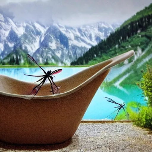 Prompt: dragonfly in a bathtub in the alps, big goat!!!!!!! in the background