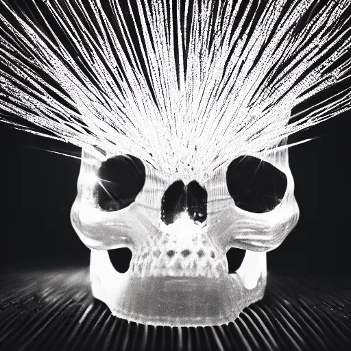 Image similar to a low poly disco skull full of long spikes, reflecting light in a nightclub, grainy film photograph