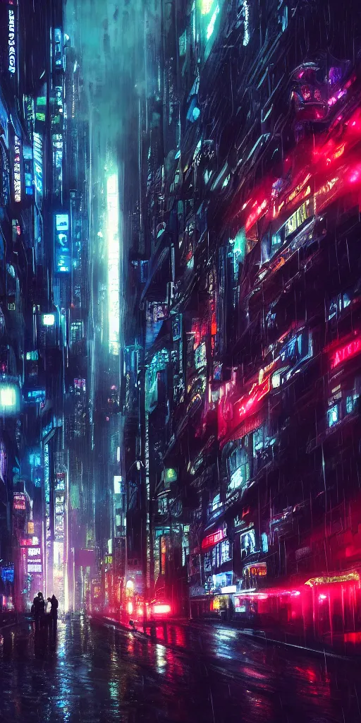 Prompt: hyper realistic cyberpunk cityscape,neon,rain,blade runner, looming surreal sky, stars,moon, cinematic lighting, detailed oil painting, 8k