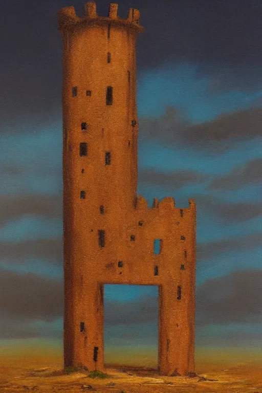 Prompt: an oil painting of an old decaying tower in the middle of a vast desert, fantasy, hyper realistic, atmospheric lighting, 8k,