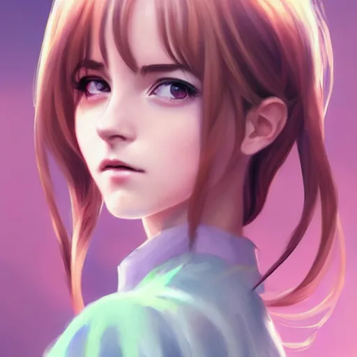 Image similar to pastel anime portrait of emma watson as an anime girl by Stanley Artgerm Lau, WLOP, Rossdraws, James Jean, Andrei Riabovitchev, Marc Simonetti, and Sakimichan, trending on artstation