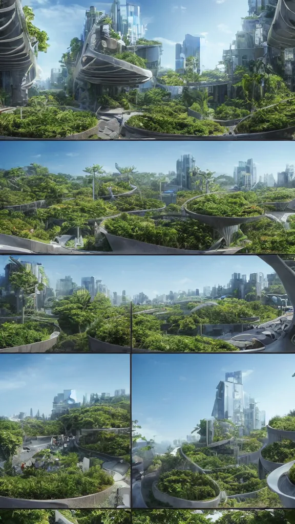 Prompt: 3 comic panels of visitors to sustainable futuristic building in a urban setting. ultrarealistic matte painting. the building has many deep and tall balconies covered in plants and trees. thin random columns, large windows, deep overhangs. plants hang from balconies. greeble articulated details with plants. sharp focus. 8 k, uhd.