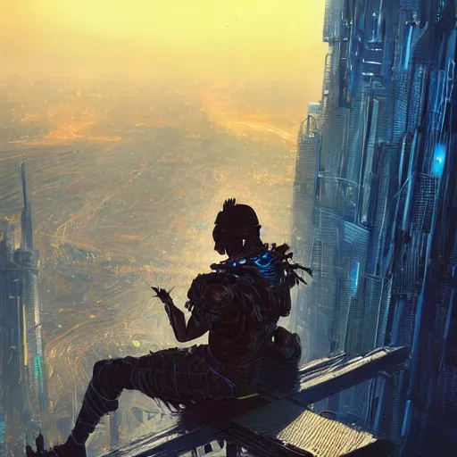 Prompt: a cyberpunk zulu warrior sitting on a cliff watching an enormous metropolitan city burn from a distance at night, by alena aenami and android jones and greg rutkowski, Trending on artstation, hyperrealism, elegant, stylized, highly detailed digital art, 8k resolution, hd, global illumination, radiant light, detailed and intricate cyberpunk ghetto environment, rendered in octane, post processed, wide angle, dynamic portrait