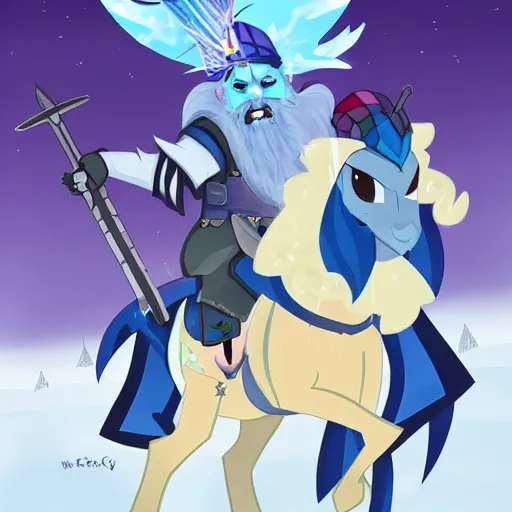 Image similar to evil ice wizard with an ice crown and blue beard and sword riding a pony in the style of my little pony : friendship is magic