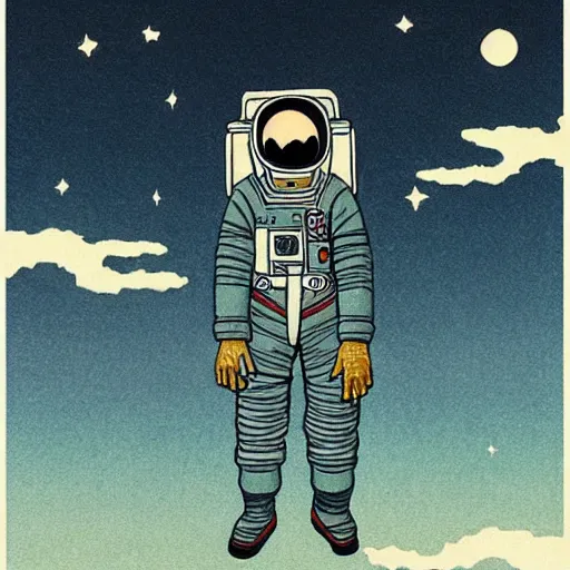 Prompt: An astronaut in space, in the style of kawase hasui