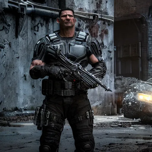 Image similar to Movie still ((the punisher)) in Gears of War, splash art, movie still, detailed face, photorealistic facial features, cinematic lighting, dramatic, octane render, long lens, shallow depth of field, bokeh, anamorphic lens flare, 8k, hyper detailed, 35mm film grain