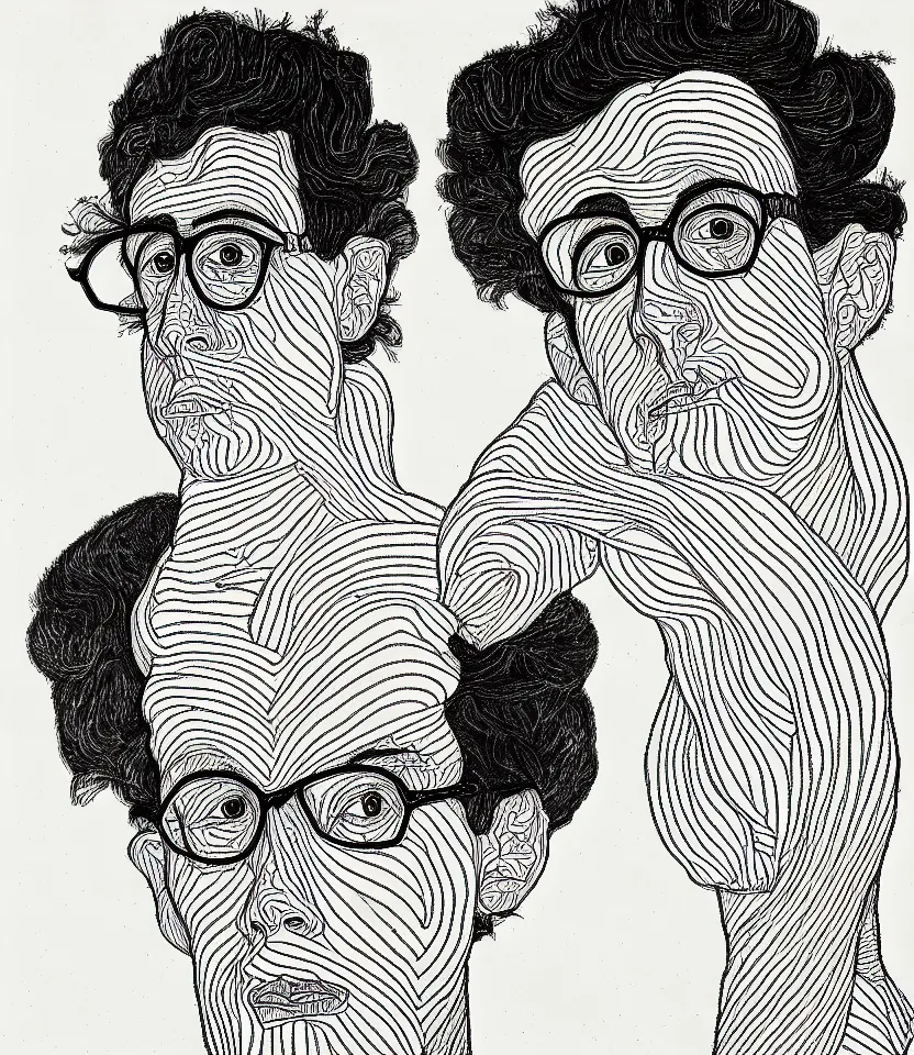 Image similar to detailed line art portrait of allens ginsberg, inspired by egon schiele. caricatural, minimalist, bold contour lines, musicality, soft twirls curls and curves, confident personality, raw emotion