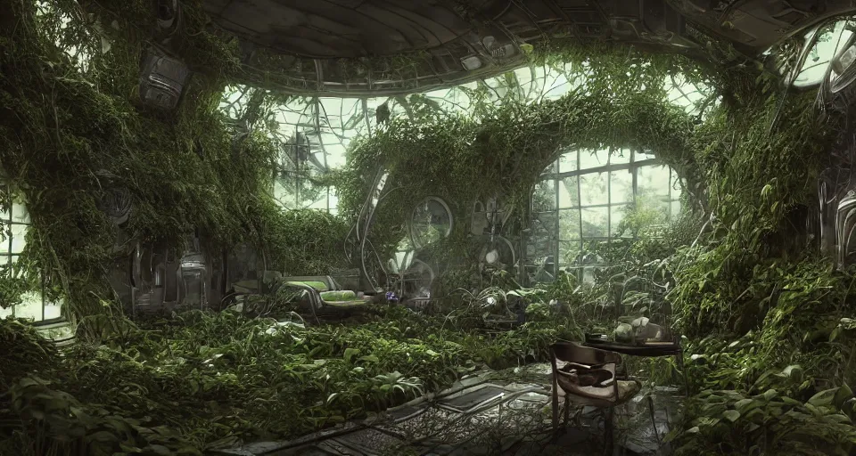 Image similar to inside a spaceship living quarters overgrown with plant life and ivy, artgerm, yoshitaka amano, gothic interior, 8 k, octane render, unreal engine