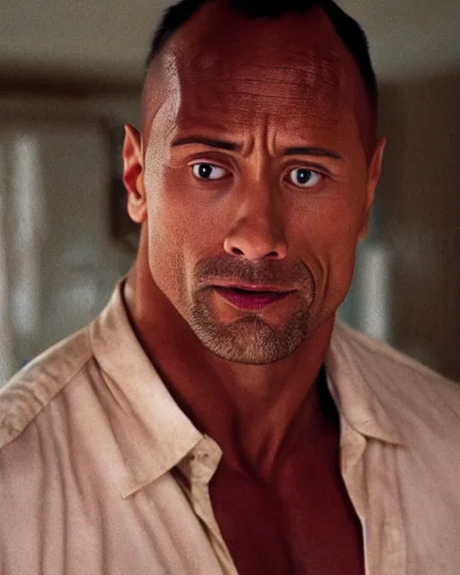 Image similar to Film still close-up shot of Dwayne Johnson as Jack from the movie The Shining. Photographic, photography