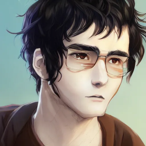 Image similar to An anime portrait of a man with very short wavy black hair, brown eyes, stubble, wearing a shirt, medium shot, whole head, by Stanley Artgerm Lau, WLOP, Rossdraws, James Jean, Andrei Riabovitchev, Marc Simonetti, and Sakimi chan, trending on artstation