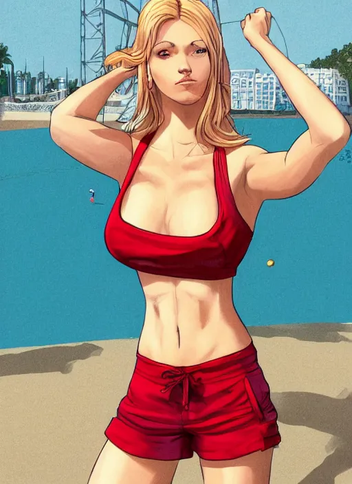 Image similar to , a gorgeous hulking woman with very long hip-length blonde hair, happy sunny day, wearing a cut-off white top and red dirt cut-off shorts standing by the water, beach tennis, modern architecture, in the style of artgerm and moebius and annie liebovitz, marvel comics, photorealistic, highly detailed, trending on artstation, Gediminas Pranckevicius