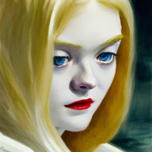 Image similar to Painting of Elle Fanning as a vampire in the snow, long blonde hair, delicate, pale milky white porcelain skin, by Edward Hopper. 8K. Extremely detailed.