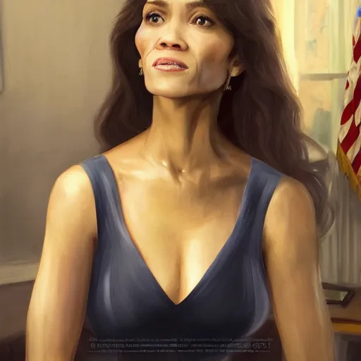 Image similar to portrait of maci holloway in the oval office, first woman elected as president in usa, cold but beautiful, about 3 5 years old, highly detailed, mix of halle berry and julia roberts, gong li, olga kurylenko, artstation hd, deviantart, by artgem, greg rutkowski