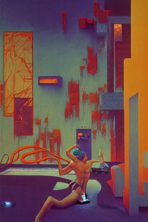 Image similar to 8 0 s art deco motel with swimmingpool, cinematic dramatic cyberpunk textural fluid lines otherworldly vaporwave interesting details fantasy lut epic composition by basquiat zdzisław beksinski james jean artgerm rutkowski moebius francis bacon gustav klimt