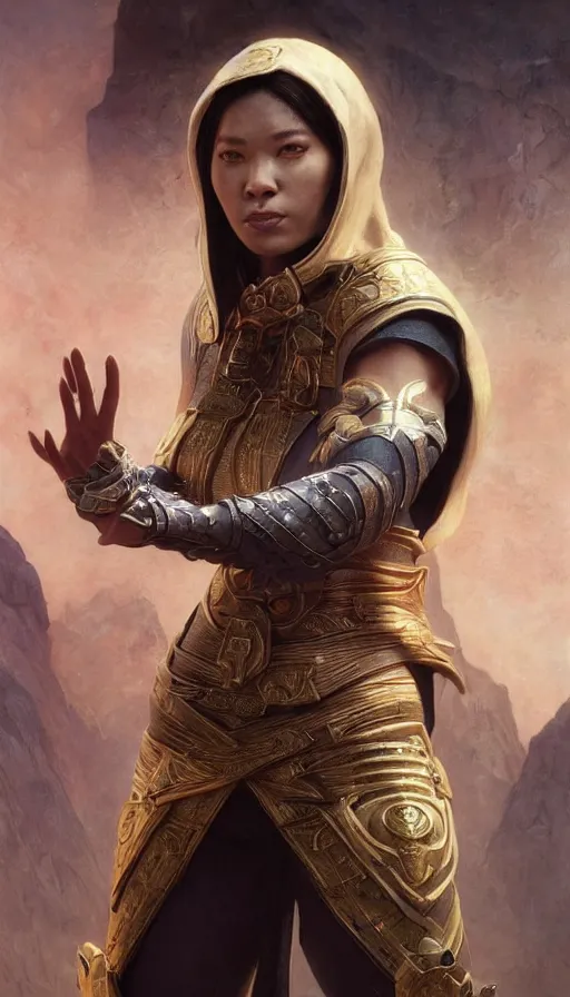 Image similar to epic masterpiece portrait priestess in mortal kombat sweaty skin, hyperrealistic, octane render, cinematic, beautiful face and flawless skin, perfect hands, 5 fingers, by Edgar Maxence and Ross Tran and Michael Whelan, Legends of Runeterra