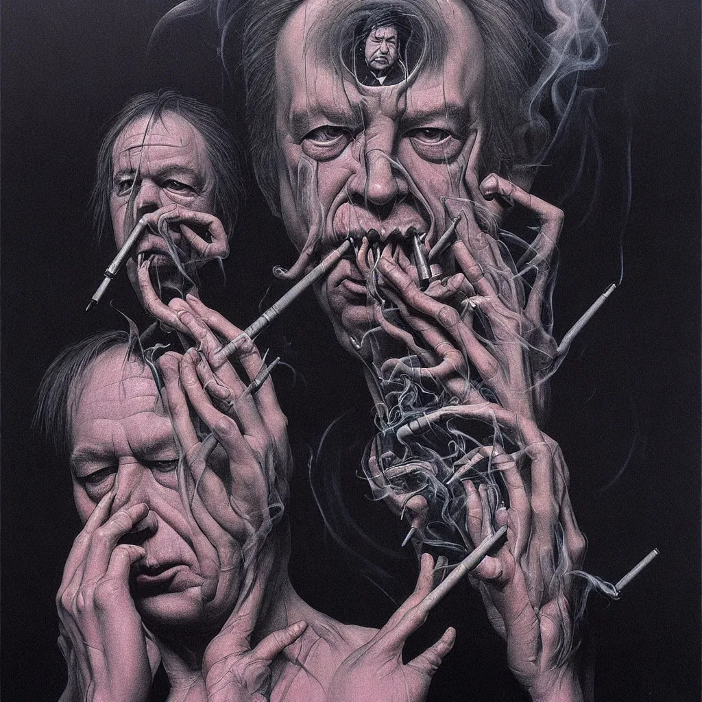 Image similar to portrait of bill hicks smoking in the style of hans giger, alex grey, lynchian atmosphere, film noir, concept art, art by kuvshinov ilya and zdislav beksinski and wayne barlowe