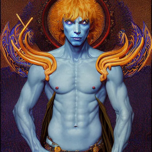 Image similar to half length portrait of a medieval fantasy sorcerer, a male blue dragon with electrcity magic, fantasy, d & d, high details, art by ( ( ( kuvshinov ilya ) ) ) and wayne barlowe and gustav klimt and artgerm and wlop and william - adolphe bouguereau