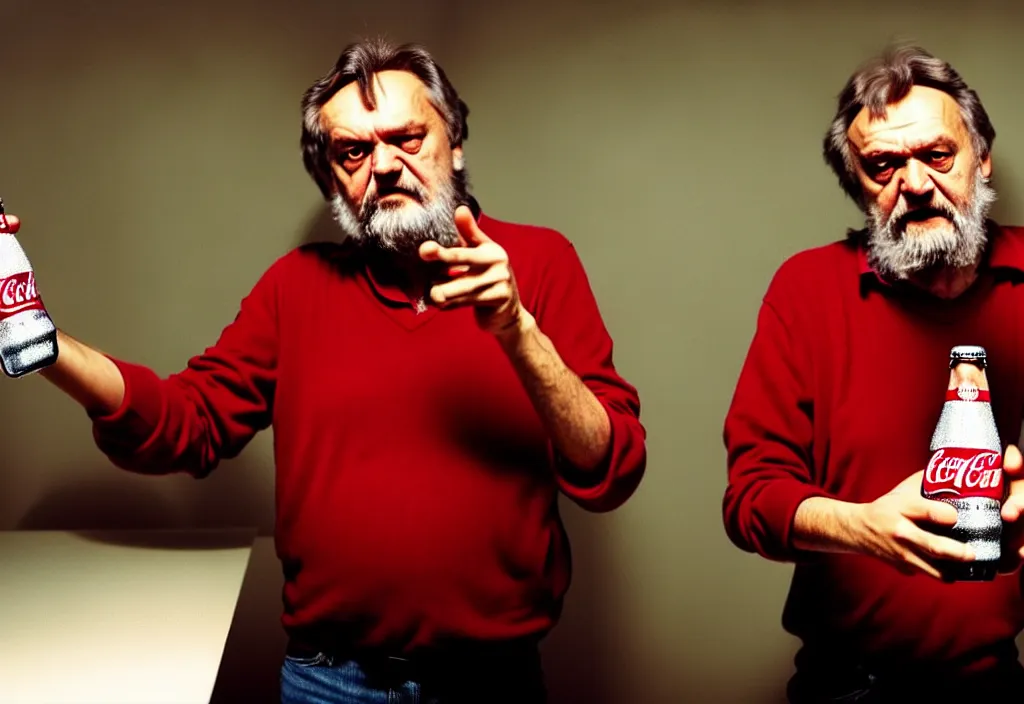 Image similar to hdr photo of slavoj zizec discussing how a coca - cola bottle is ideology, hd, sharp focus, dramatic lighting, sniffing his finger, cinematic composition