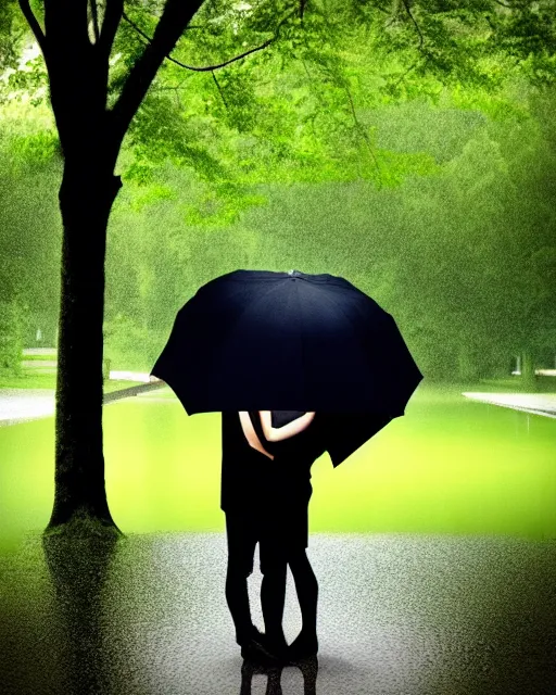 Prompt: raindrops, rain, square, park, lake, man and woman under a black umbrella, trees, kiss, paths, lake.