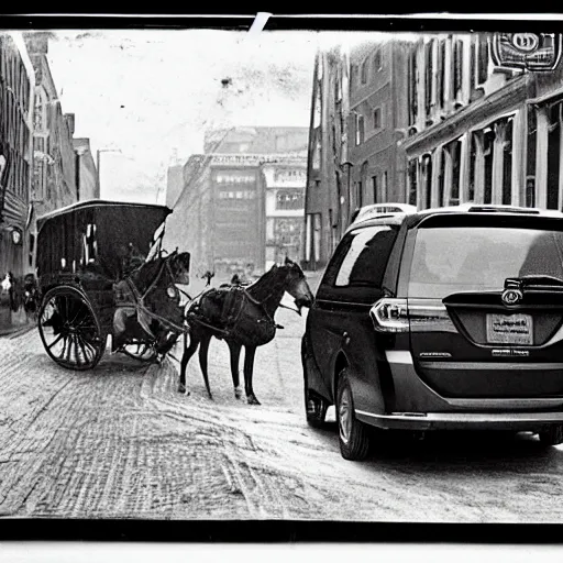 Image similar to 1 8 0 0 s daguerreotype photo of a 2 0 1 9 toyota sienna driving on boston streets.