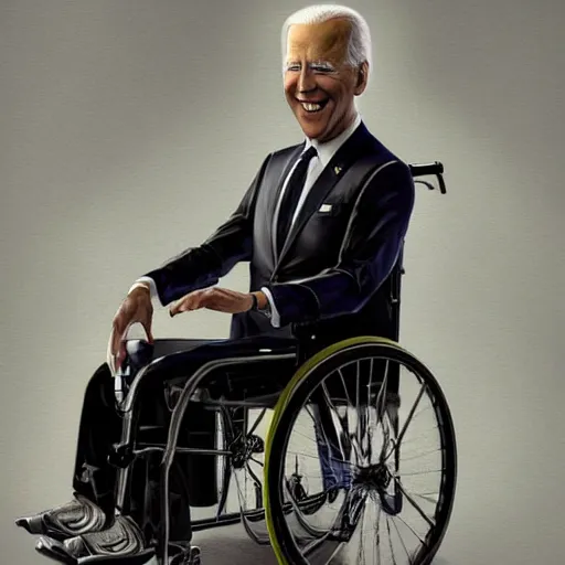 Image similar to hyperrealistic mixed media image of joe biden in a wheelchair wearing a bicycle helmet, stunning 3 d render inspired art by istvan sandorfi and greg rutkowski, perfect facial symmetry, realistic, highly detailed attributes and atmosphere, dim volumetric cinematic lighting, 8 k octane extremely hyper - detailed render, post - processing, masterpiece,