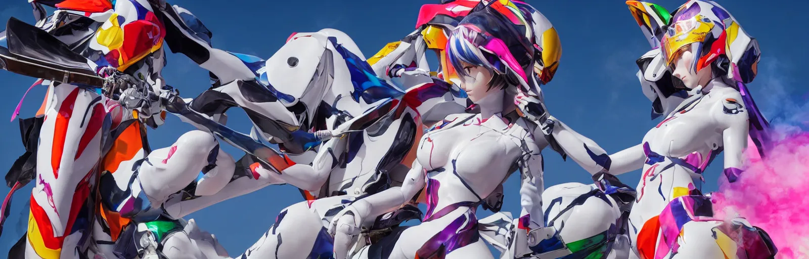 Image similar to extremely beautiful photo of a white marble statue of an anime girl with colorful motocross logos and motorcycle helmet with closed visor, colorful smoke in the background, carved marble statue, fine art, neon genesis evangelion, virgil abloh, offwhite, denoise, highly detailed, 8 k, hyperreal