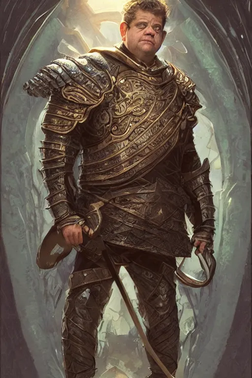 Prompt: patton oswalt as a knight, in his 5 0 s, fantasy, intricate, elegant, highly detailed, digital painting, artstation, concept art, matte, sharp focus, illustration, art by artgerm and greg rutkowski and alphonse mucha