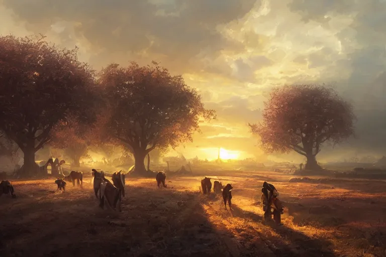 Prompt: merchants seize farmland to build their roads. sunset lighting ominous shadows, cinematic fantasy painting, dungeons and dragons, jessica rossier and brian froud
