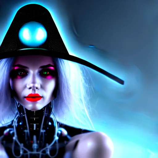 Prompt: detailed portrait cyberpunk robotic cybergirl with black witch hat in night city 4 k, digital art, with cute face