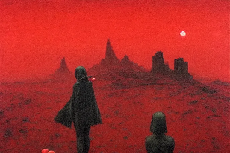 Image similar to only with red, a red shinigami eat apple, a city on mars in background, an ancient path, pathos, in the style of beksinski, part by hopper, part by rodcenko, part by hofbauer, intricate composition, red by caravaggio, insanely quality, highly detailed, masterpiece, red light, artstation